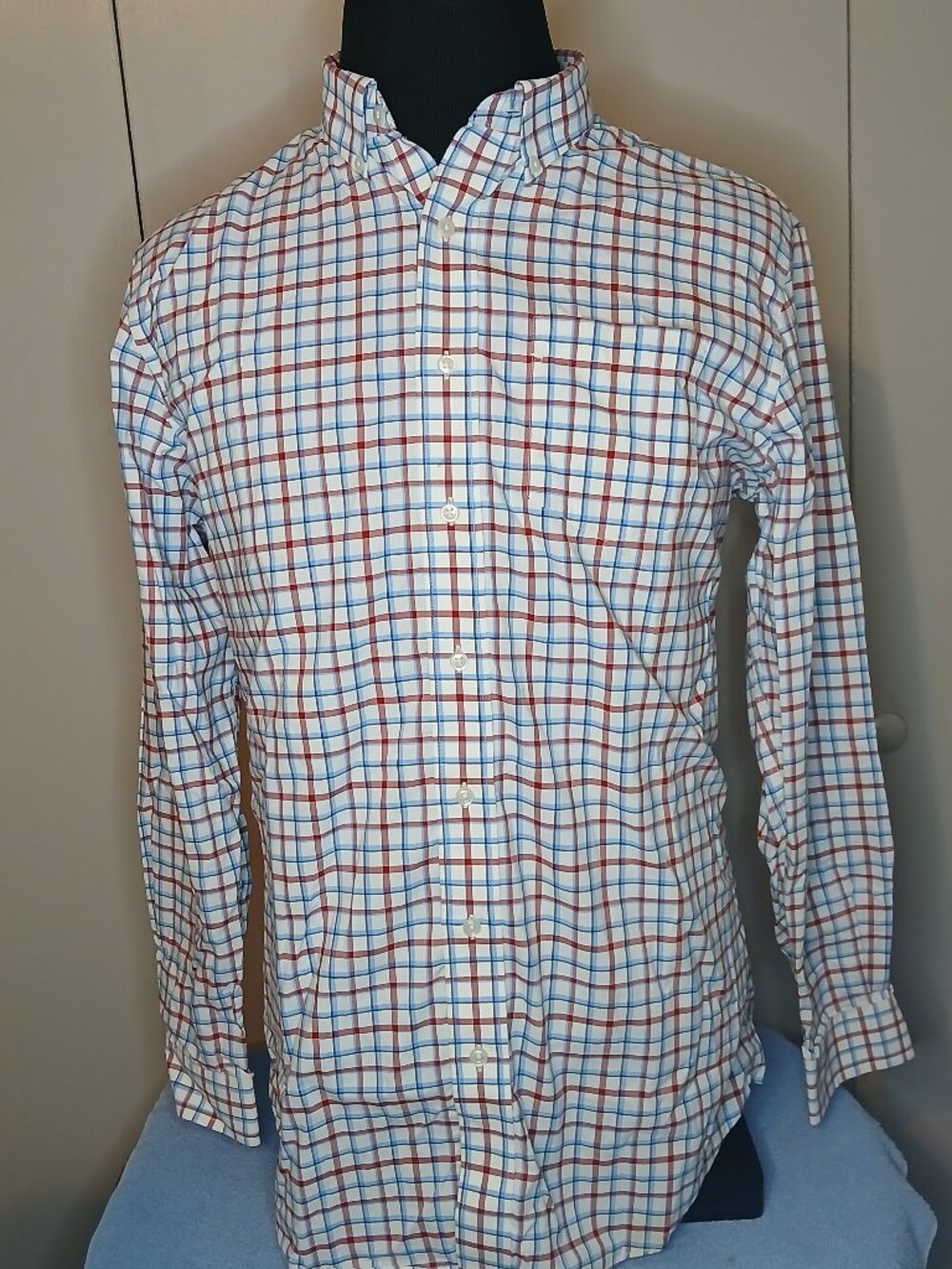 L.L.Bean Men Large Cotton Wrinkle Free White Blue Red Grid Checkered Shirt (1205